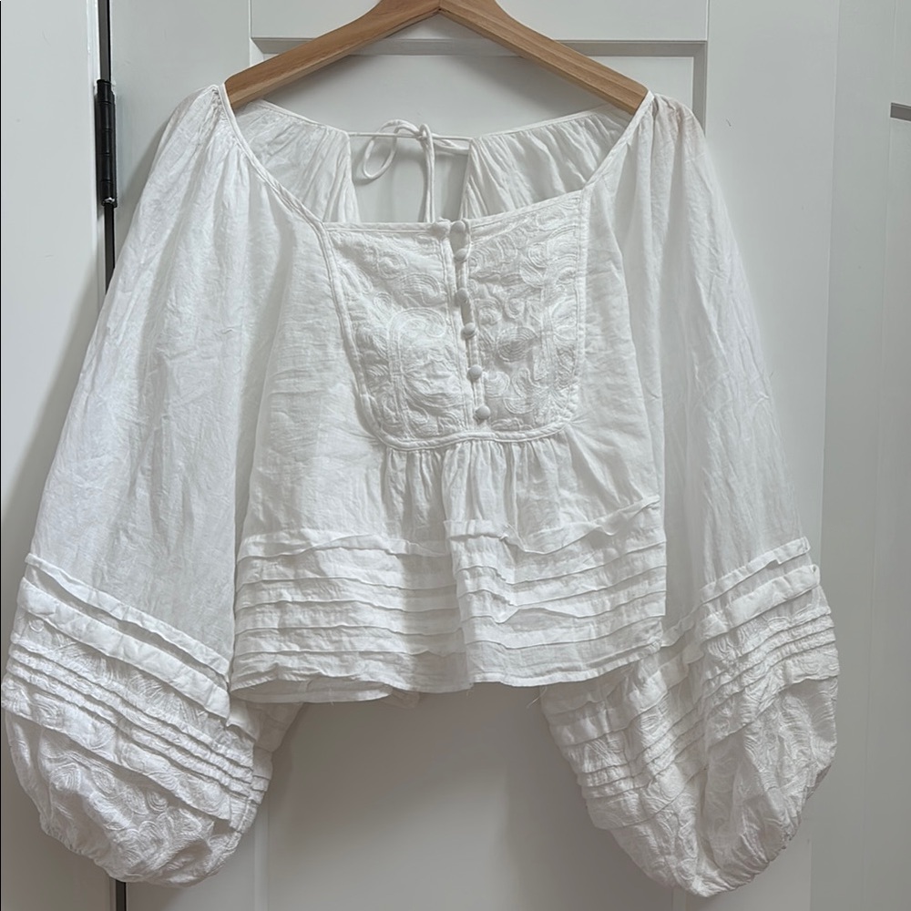 Anthropologie White Balloon Sleeve Blouse